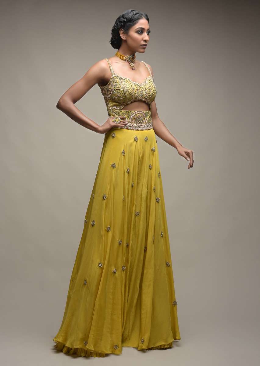 Citrus Jumpsuit In Crepe With Front Cut Out And Zardozi Embroidered Floral Jaal