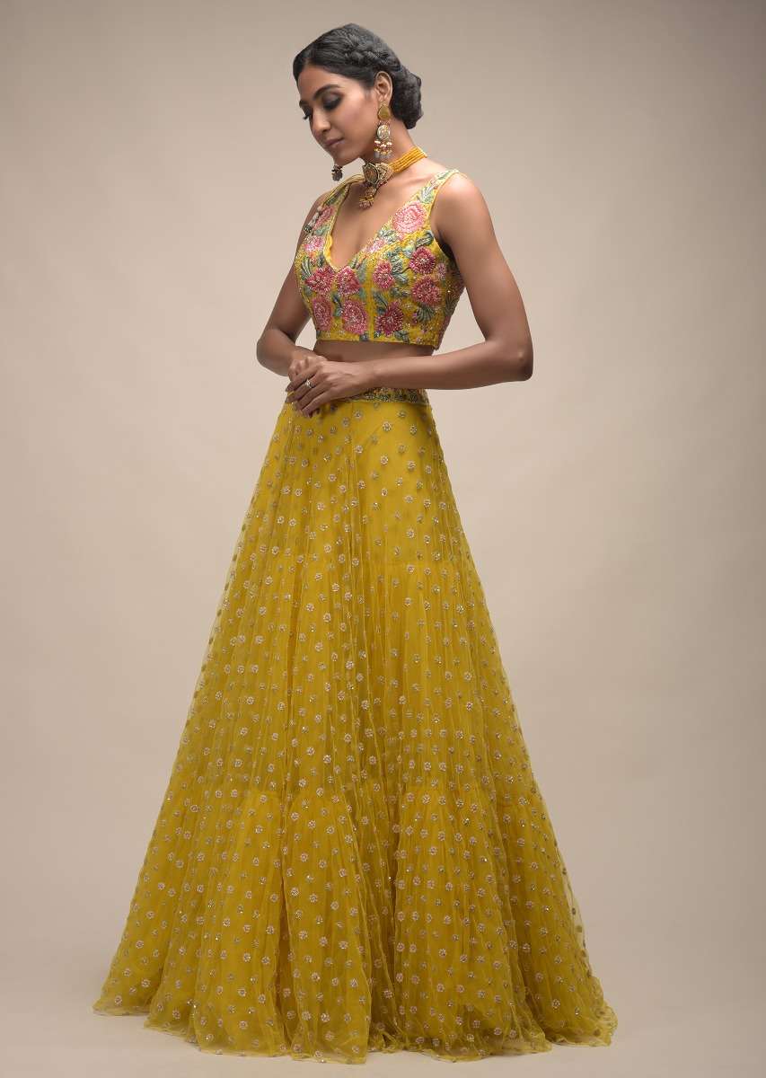 Citrus Lehenga And Crop Top With Resham Embroidered Spring Blossoms