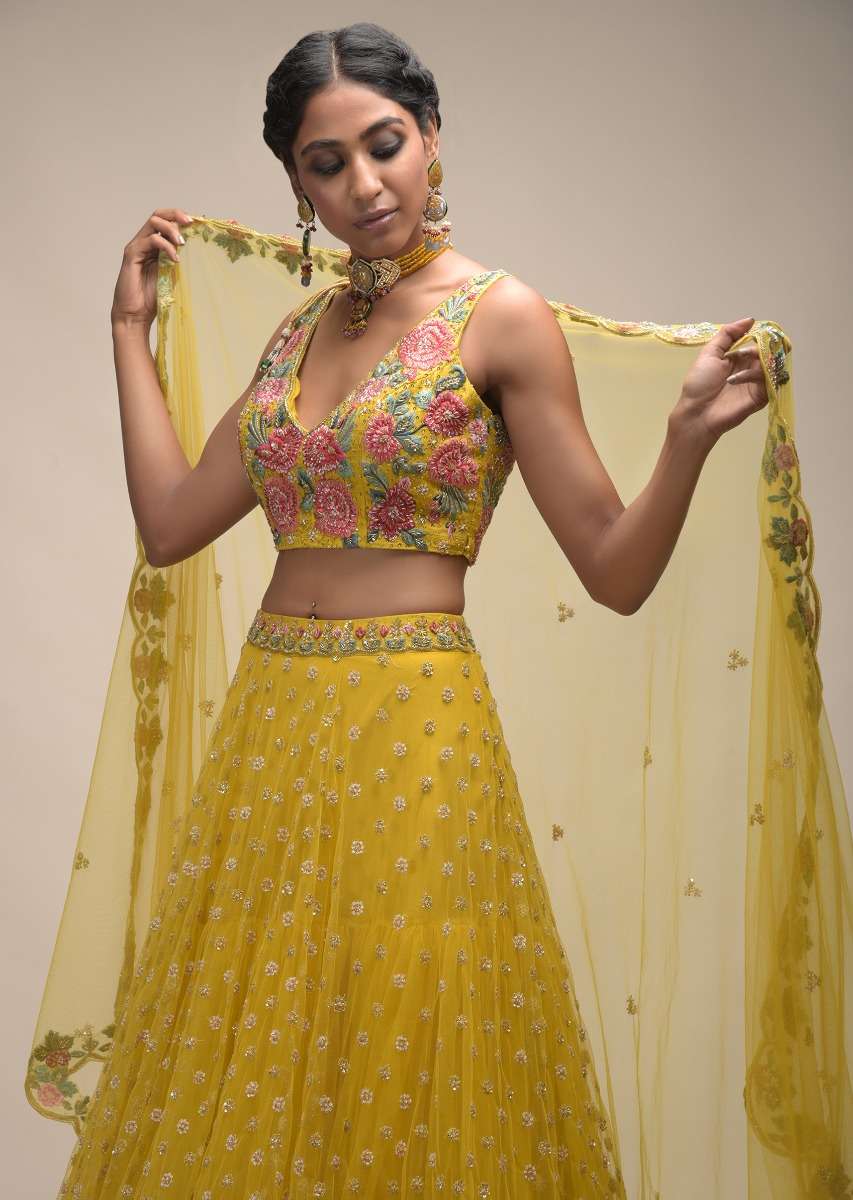 Citrus Lehenga And Crop Top With Resham Embroidered Spring Blossoms