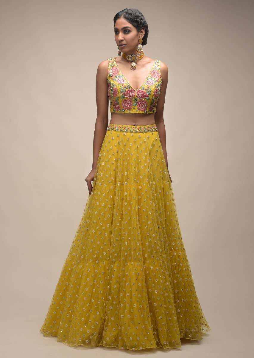 Citrus Lehenga And Crop Top With Resham Embroidered Spring Blossoms