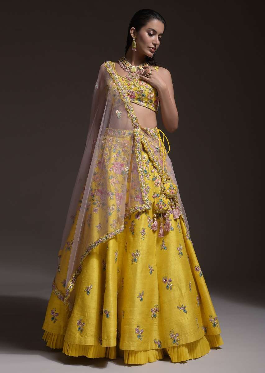 Citrus Lehenga Choli In Raw Silk With Resham Embroidered Spring Blooms And Gradating Floral Buttis