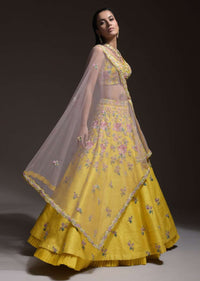 Citrus Lehenga Choli In Raw Silk With Resham Embroidered Spring Blooms And Gradating Floral Buttis