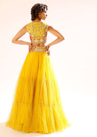 Citrus Yellow Lehenga Choli With Fancy Front Cut Out Detailing And Colorful Resham Embroidered Floral Design Online - Kalki Fashion