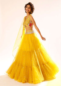 Citrus Yellow Lehenga Choli With Fancy Front Cut Out Detailing And Colorful Resham Embroidered Floral Design Online - Kalki Fashion