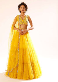 Citrus Yellow Lehenga Choli With Fancy Front Cut Out Detailing And Colorful Resham Embroidered Floral Design Online - Kalki Fashion