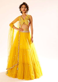 Citrus Yellow Lehenga Choli With Fancy Front Cut Out Detailing And Colorful Resham Embroidered Floral Design Online - Kalki Fashion