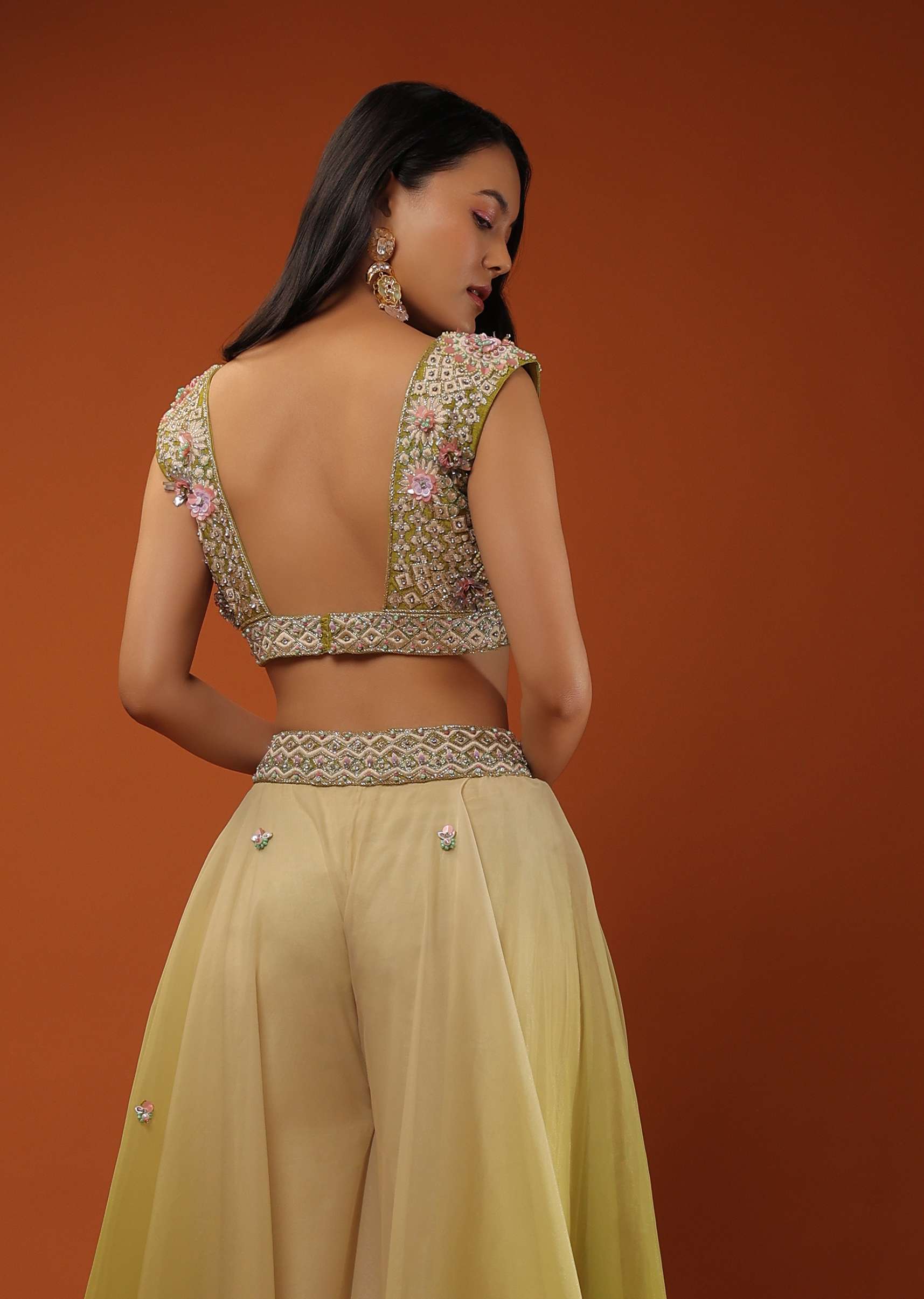 Citrus Green Palazzo Set With A Crop Top In Mirror Work Floral Embroidered Butttis