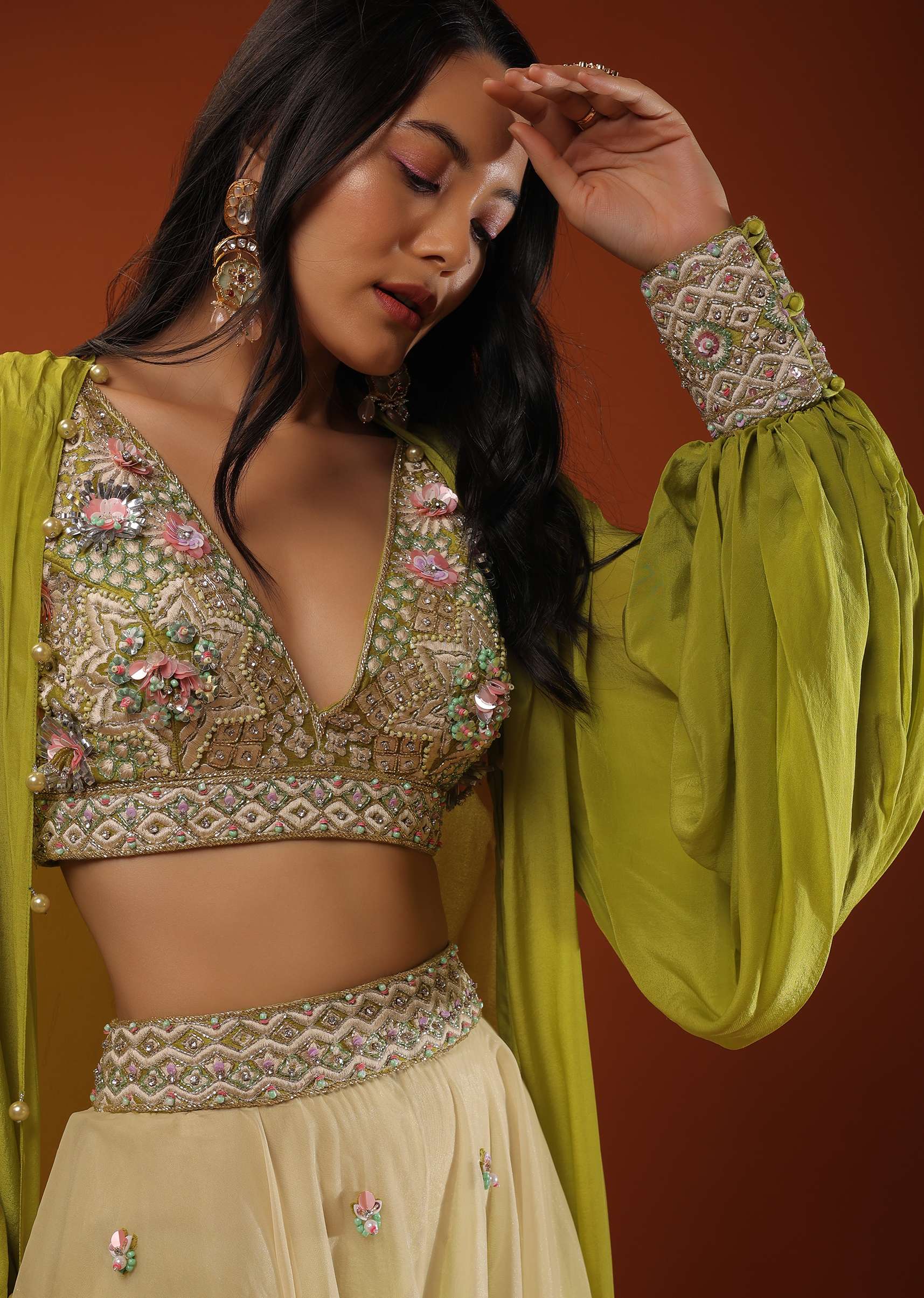 Citrus Green Palazzo Set With A Crop Top In Mirror Work Floral Embroidered Butttis