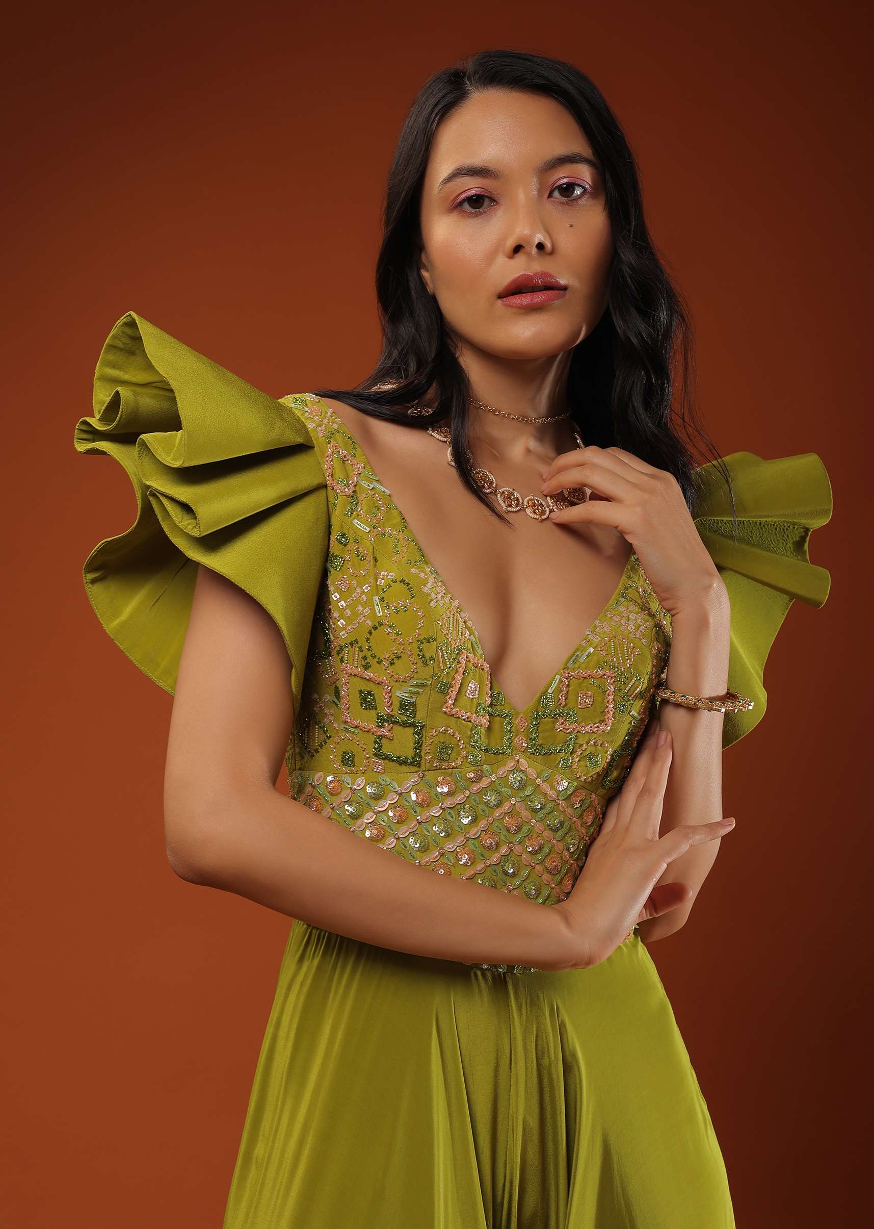 Citrus Green Jumpsuit In Ruffled Sleeves, Crafted In Crepe With A V Neckline