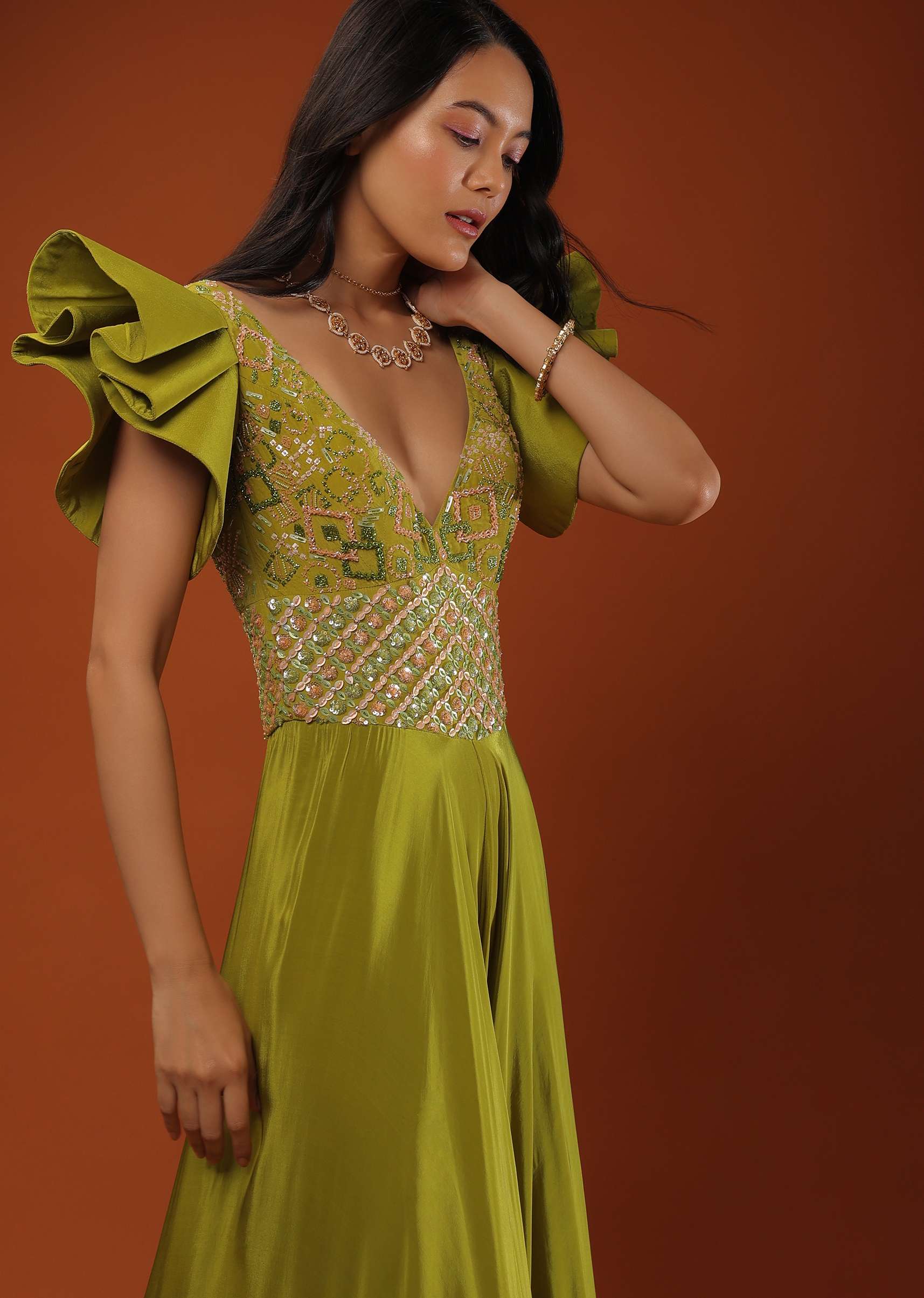 Citrus Green Jumpsuit In Ruffled Sleeves, Crafted In Crepe With A V Neckline