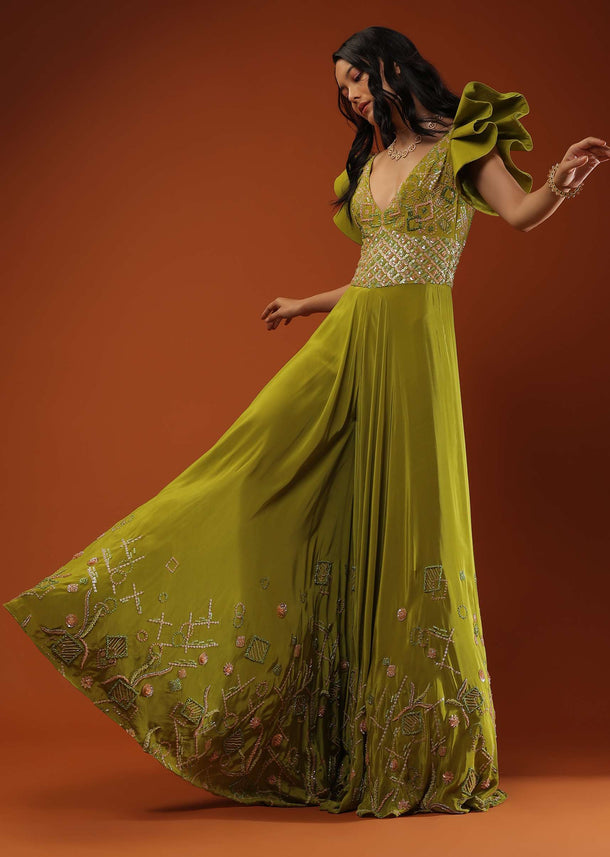 Citrus Green Jumpsuit In Ruffled Sleeves, Crafted In Crepe With A V Neckline