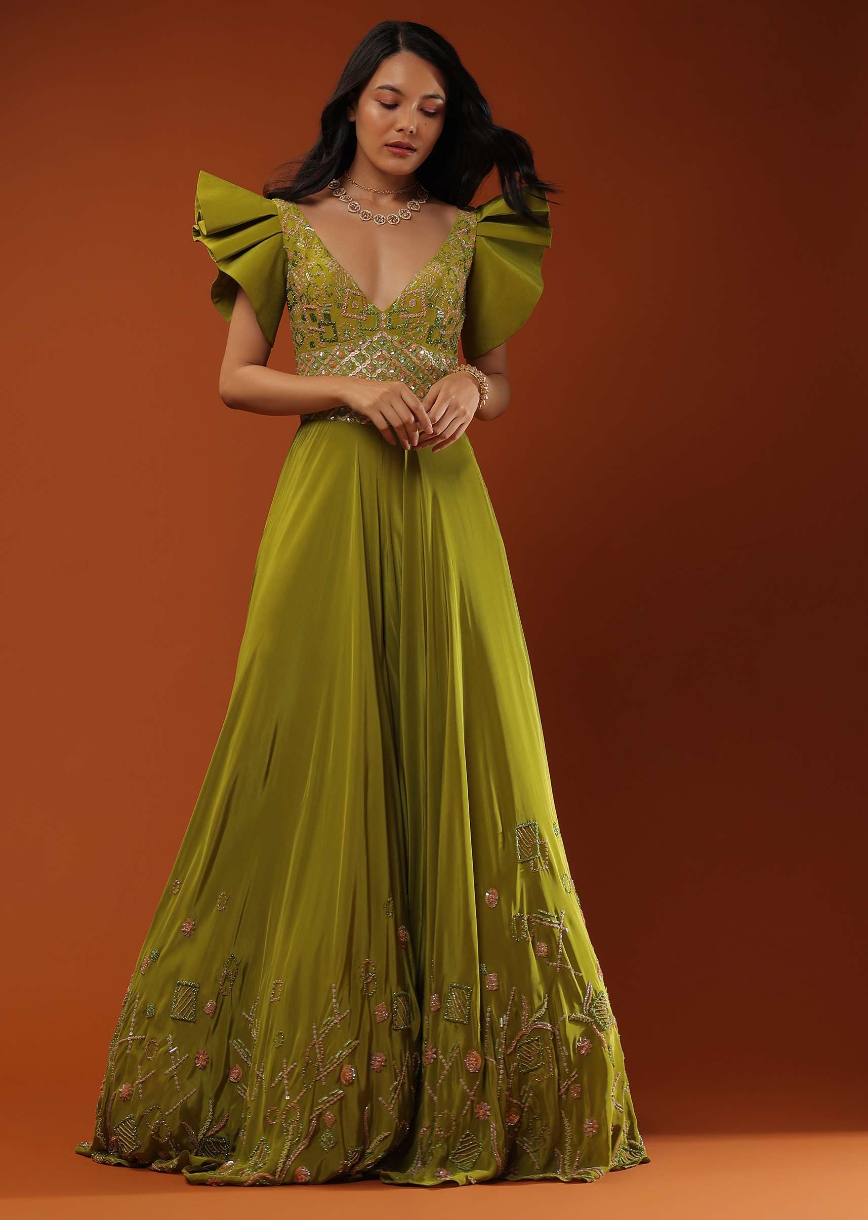 Citrus Green Jumpsuit In Ruffled Sleeves, Crafted In Crepe With A V Neckline