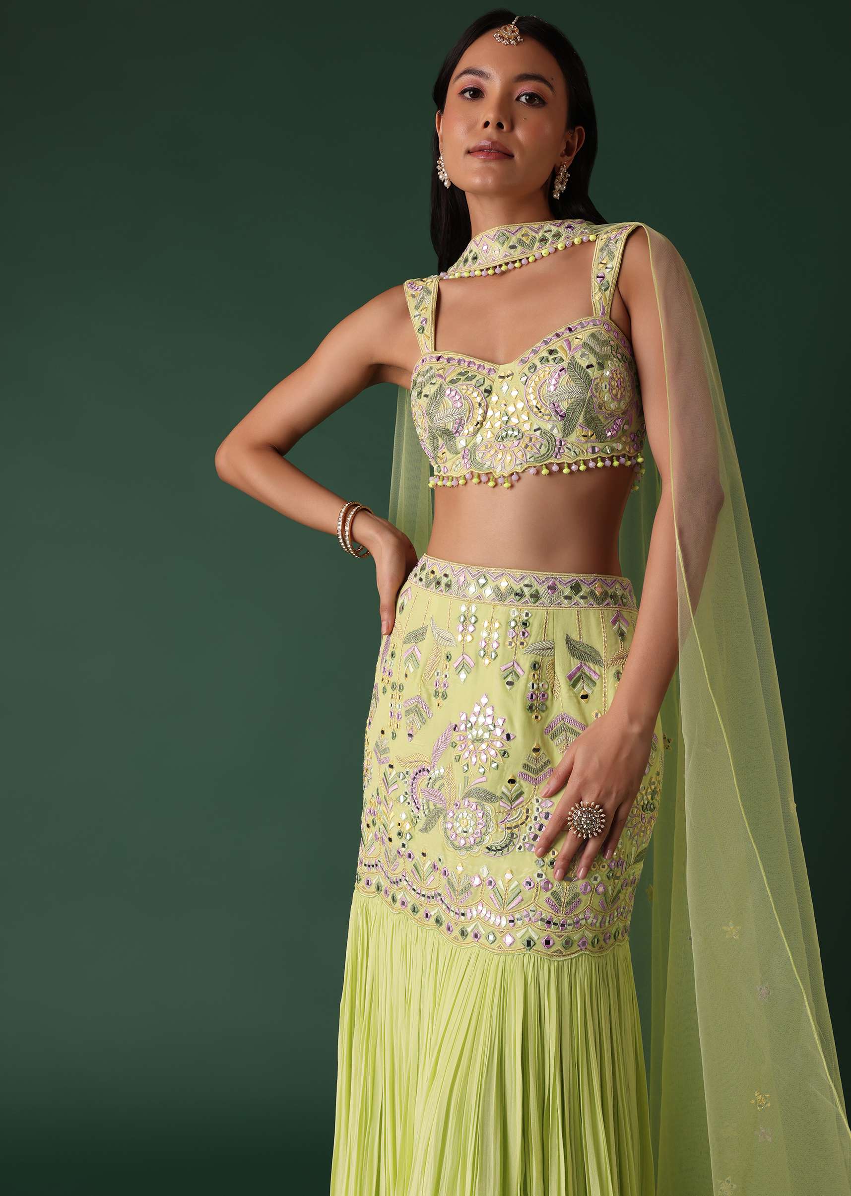 Citrus Green Embroidered Blouse And Skirt Set With Choker Dupatta