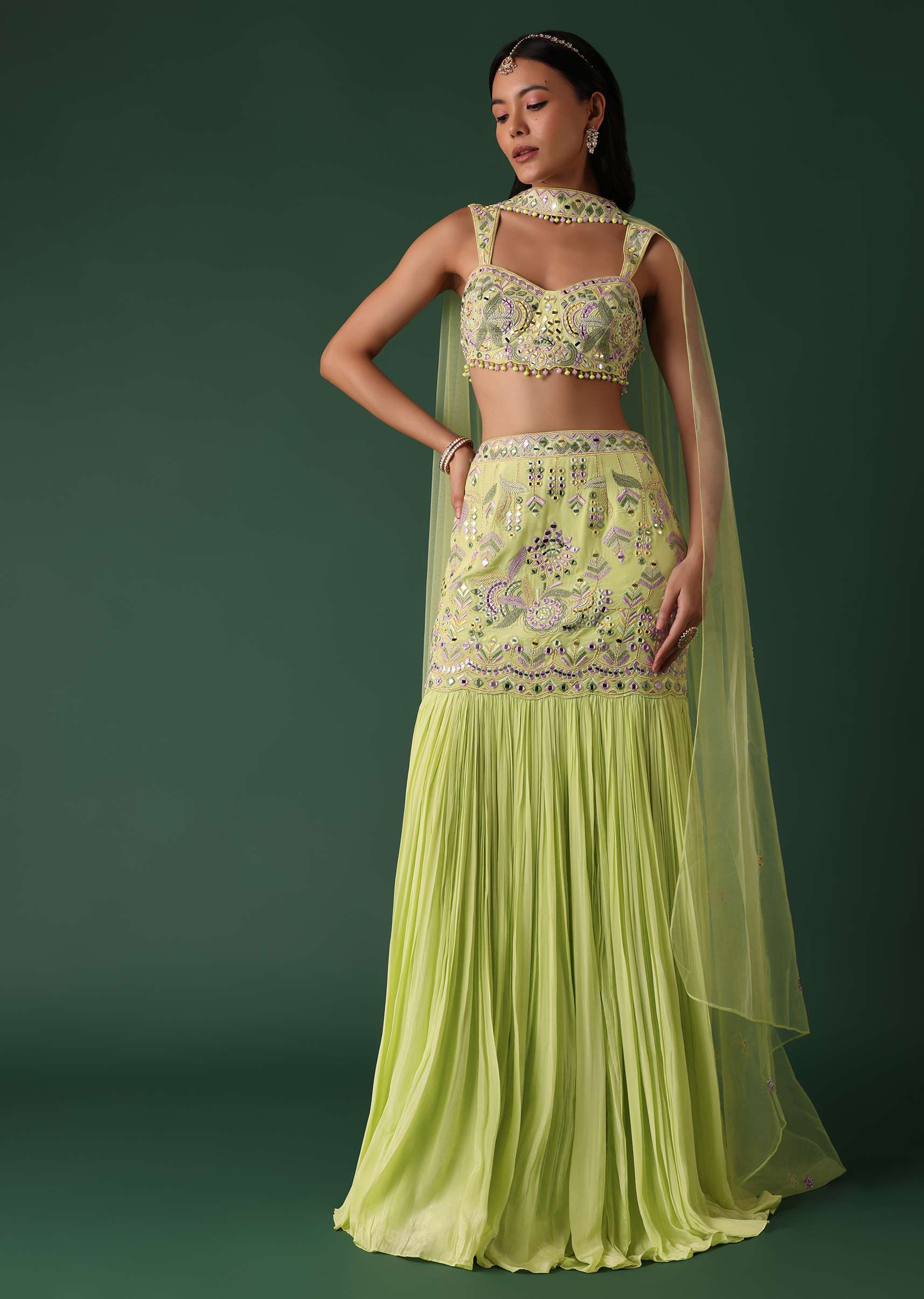 Citrus Green Embroidered Blouse And Skirt Set With Choker Dupatta