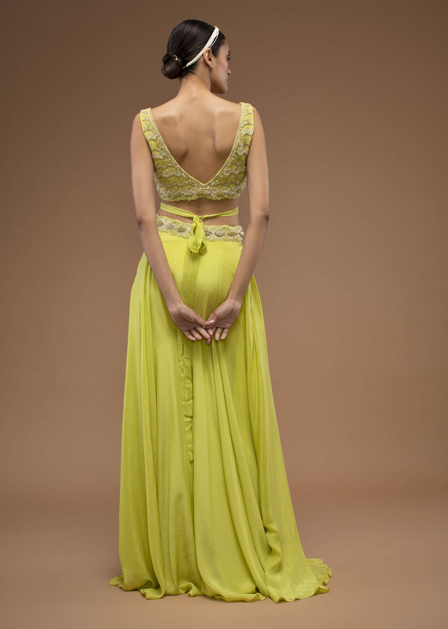 Citrus Green Flared Palazzo And A Crop Top Set, Crafted In Crepe With A Side Zip Closure