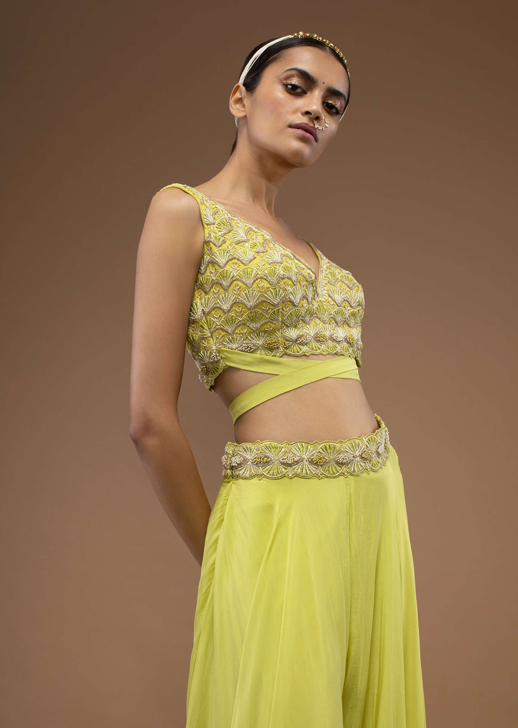 Citrus Green Flared Palazzo And A Crop Top Set, Crafted In Crepe With A Side Zip Closure