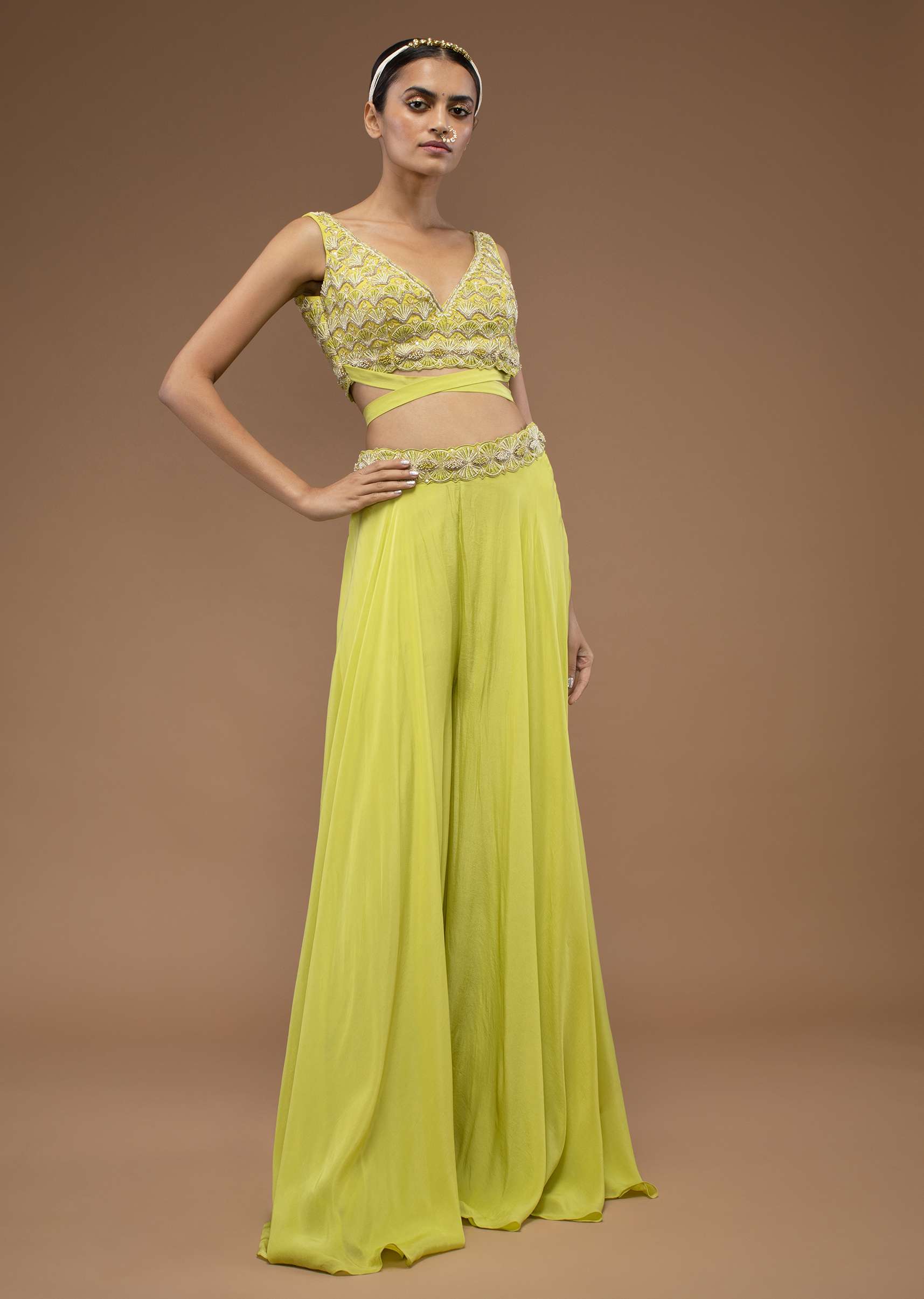 Citrus Green Flared Palazzo And A Crop Top Set, Crafted In Crepe With A Side Zip Closure