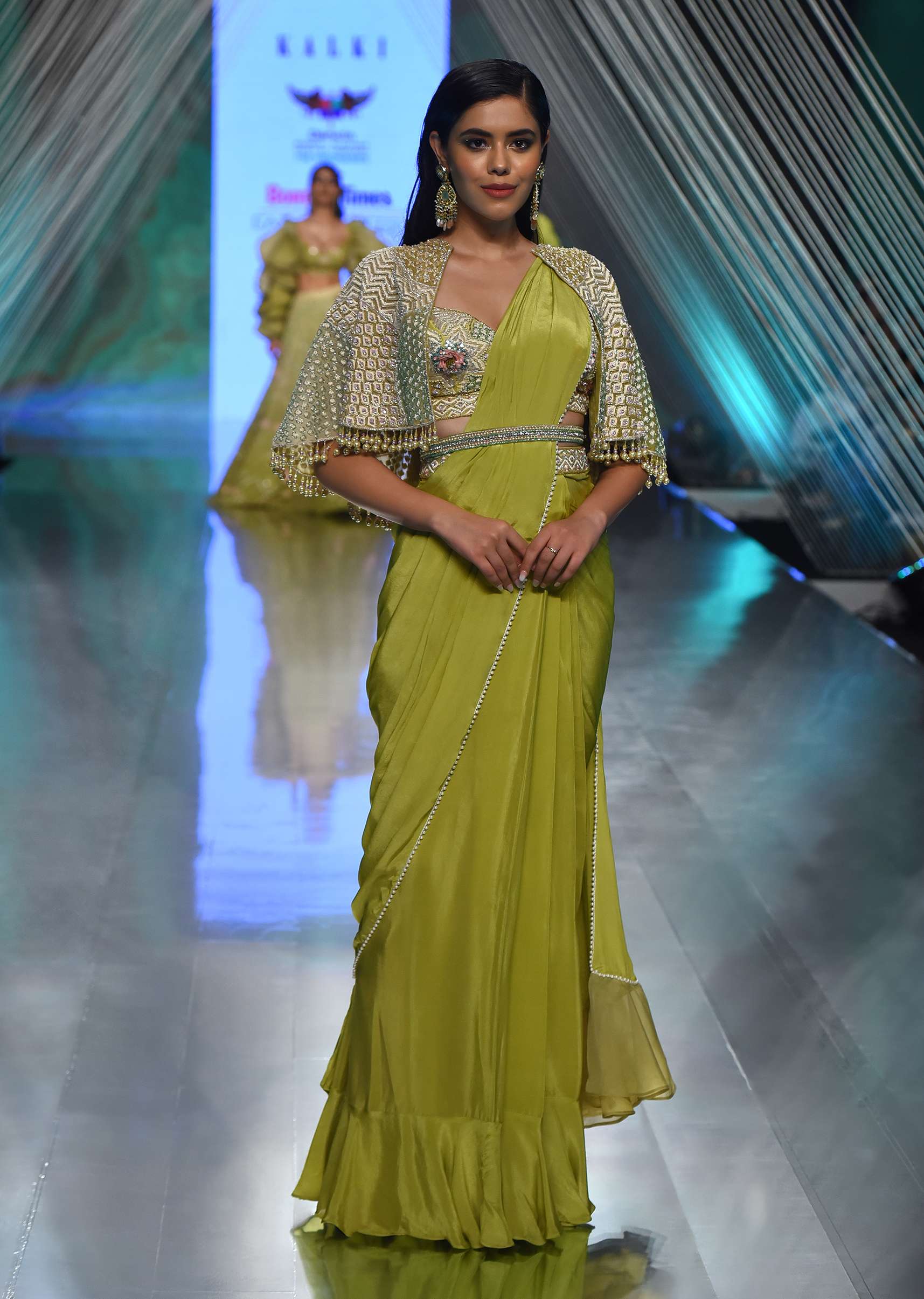 Citrus Green Palazzo Set With A Crop Top In Mirror Work Floral Embroidered Butttis