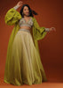 Citrus Green Palazzo Set With A Crop Top In Mirror Work Floral Embroidered Butttis