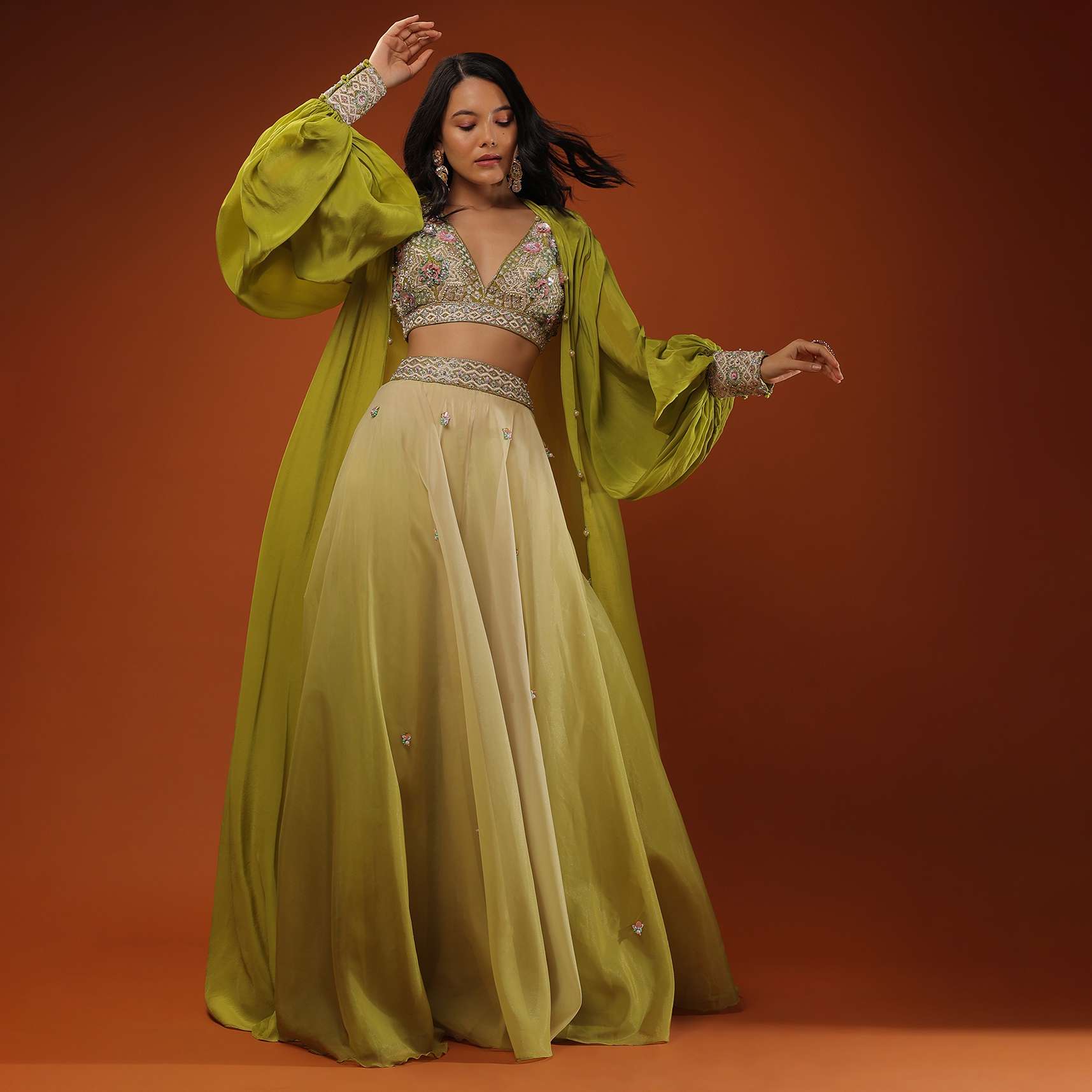 Citrus Green Palazzo Set With A Crop Top In Mirror Work Floral Embroidered Butttis