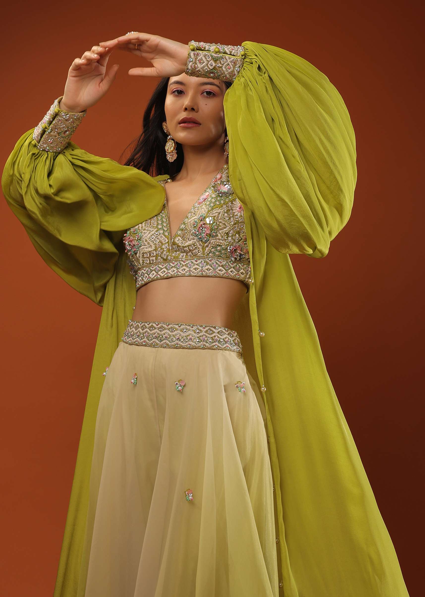 Citrus Green Palazzo Set With A Crop Top In Mirror Work Floral Embroidered Butttis