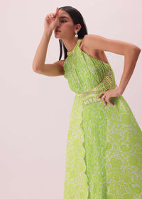 Citrus Green Printed Gown In Georgette With Hand-Embroidery And Back Trails