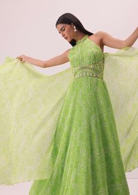 Citrus Green Printed Gown In Georgette With Hand-Embroidery And Back Trails