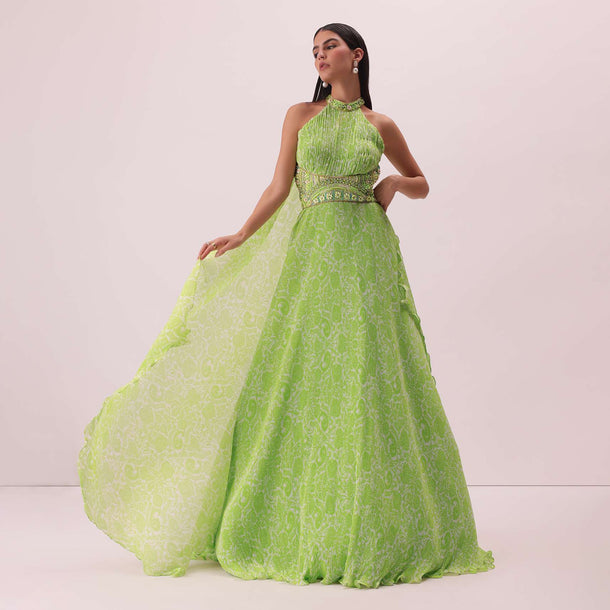 Citrus Green Printed Gown In Georgette With Hand-Embroidery And Back Trails