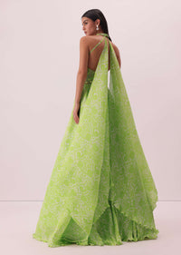 Citrus Green Printed Gown In Georgette With Hand-Embroidery And Back Trails