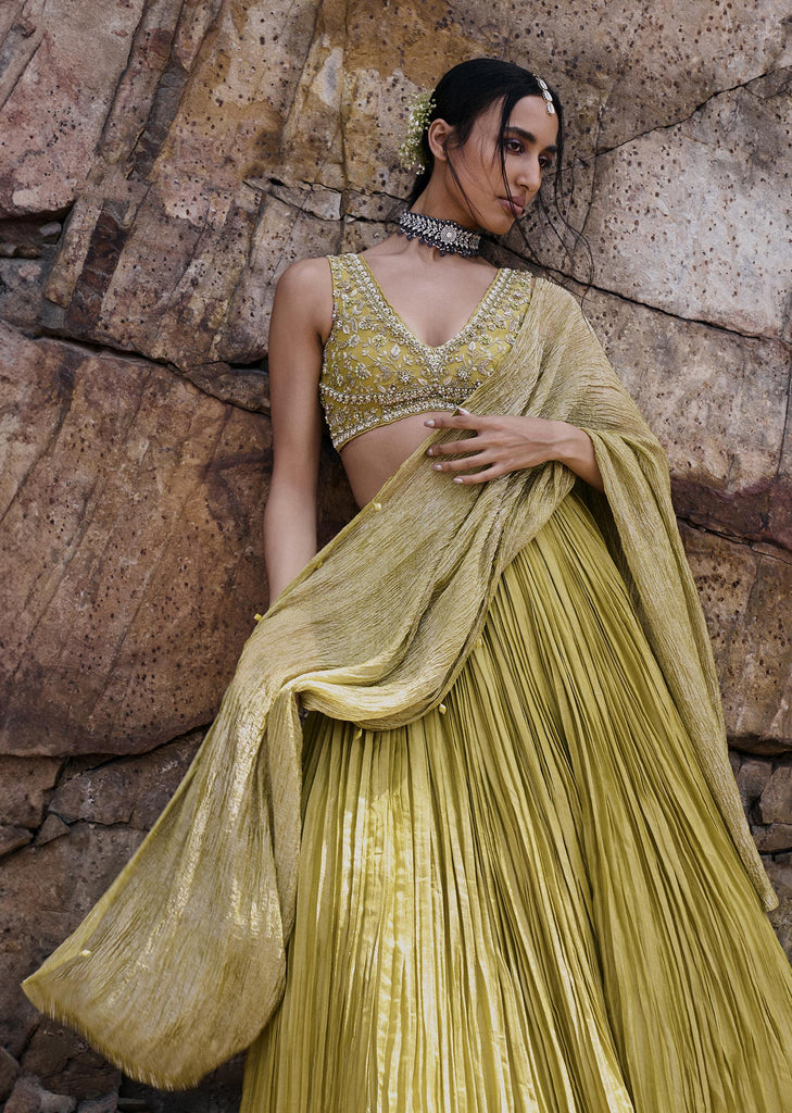 Citrus Green Ruched Lehenga With Blouse And Crush Dupatta