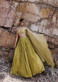 Citrus Green Ruched Lehenga With Blouse And Crush Dupatta