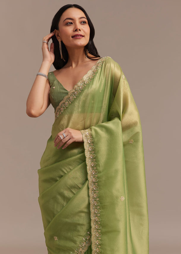 Citrus Green Tissue Organza Saree Embroidered With Cutdana And Beads