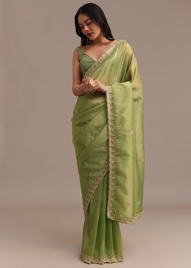 Citrus Green Tissue Organza Saree Embroidered With Cutdana And Beads