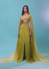 Citrus Mermaid Dhoti Skirt With A Crop Top In Long Cape Embroidered Sleeves, Plunging V Neckline In Embroidery