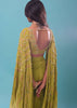 Citrus Mermaid Dhoti Skirt With A Crop Top In Long Cape Embroidered Sleeves, Plunging V Neckline In Embroidery