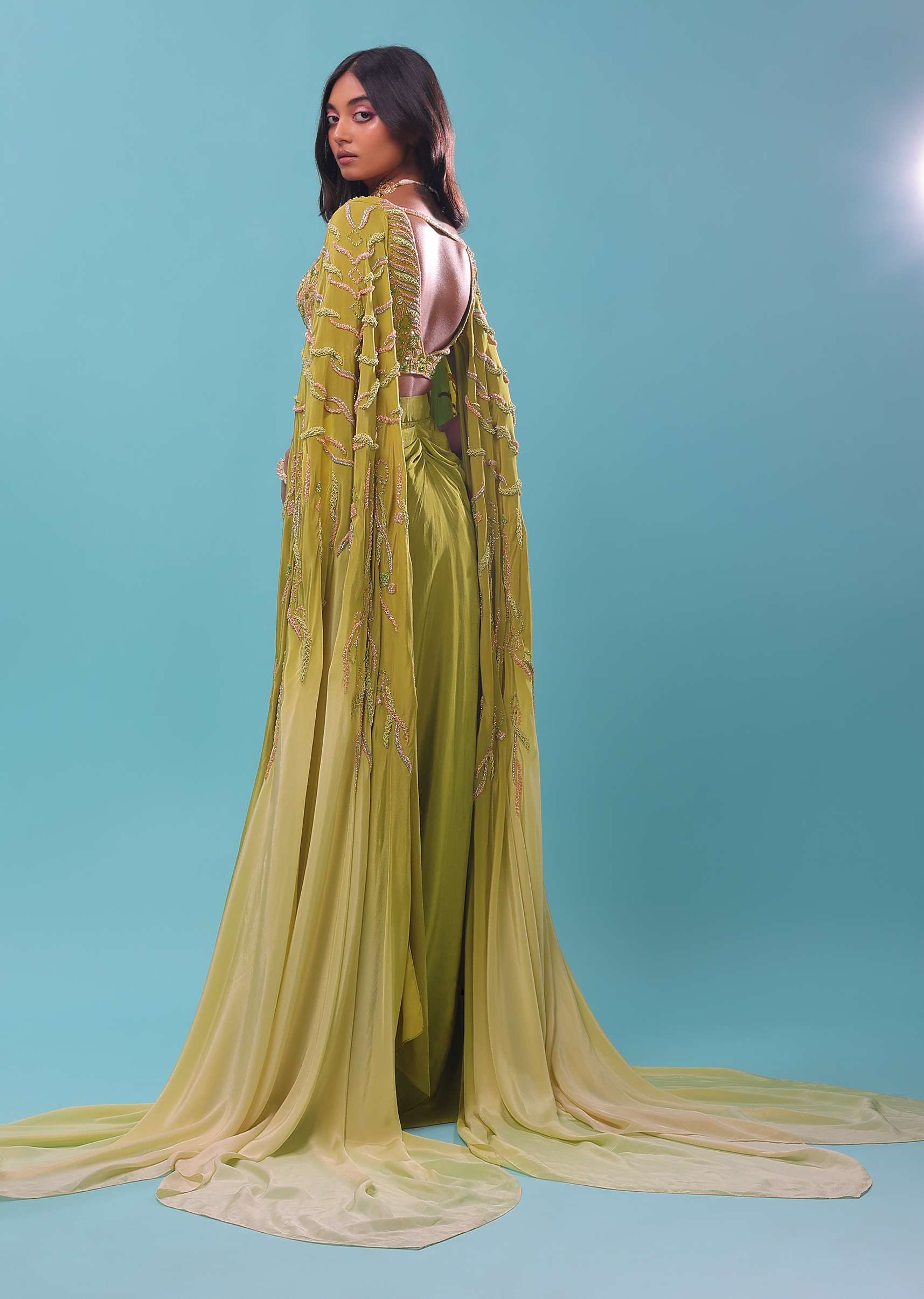 Citrus Mermaid Dhoti Skirt With A Crop Top In Long Cape Embroidered Sleeves, Plunging V Neckline In Embroidery