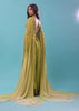 Citrus Mermaid Dhoti Skirt With A Crop Top In Long Cape Embroidered Sleeves, Plunging V Neckline In Embroidery