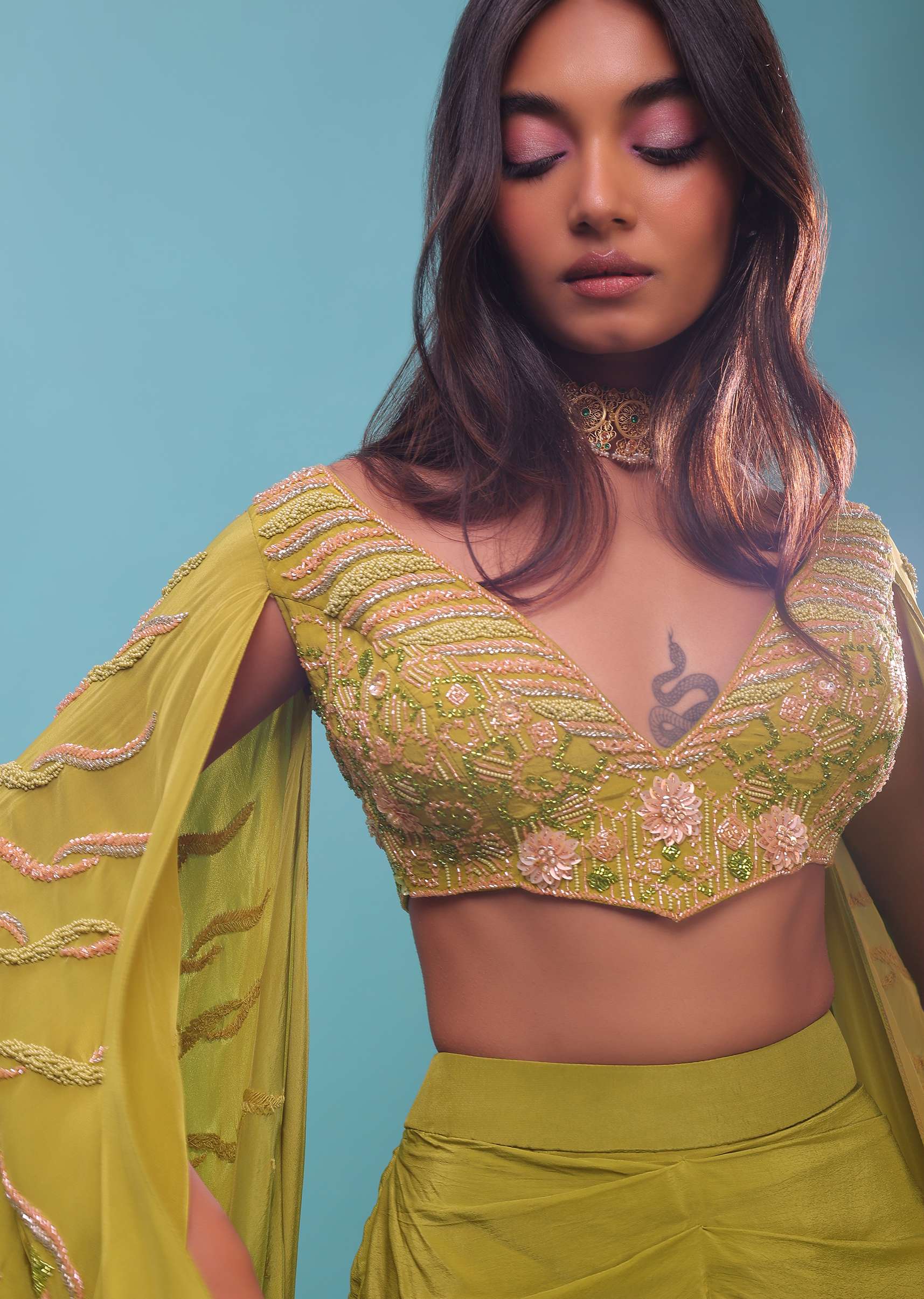 Citrus Mermaid Dhoti Skirt With A Crop Top In Long Cape Embroidered Sleeves, Plunging V Neckline In Embroidery