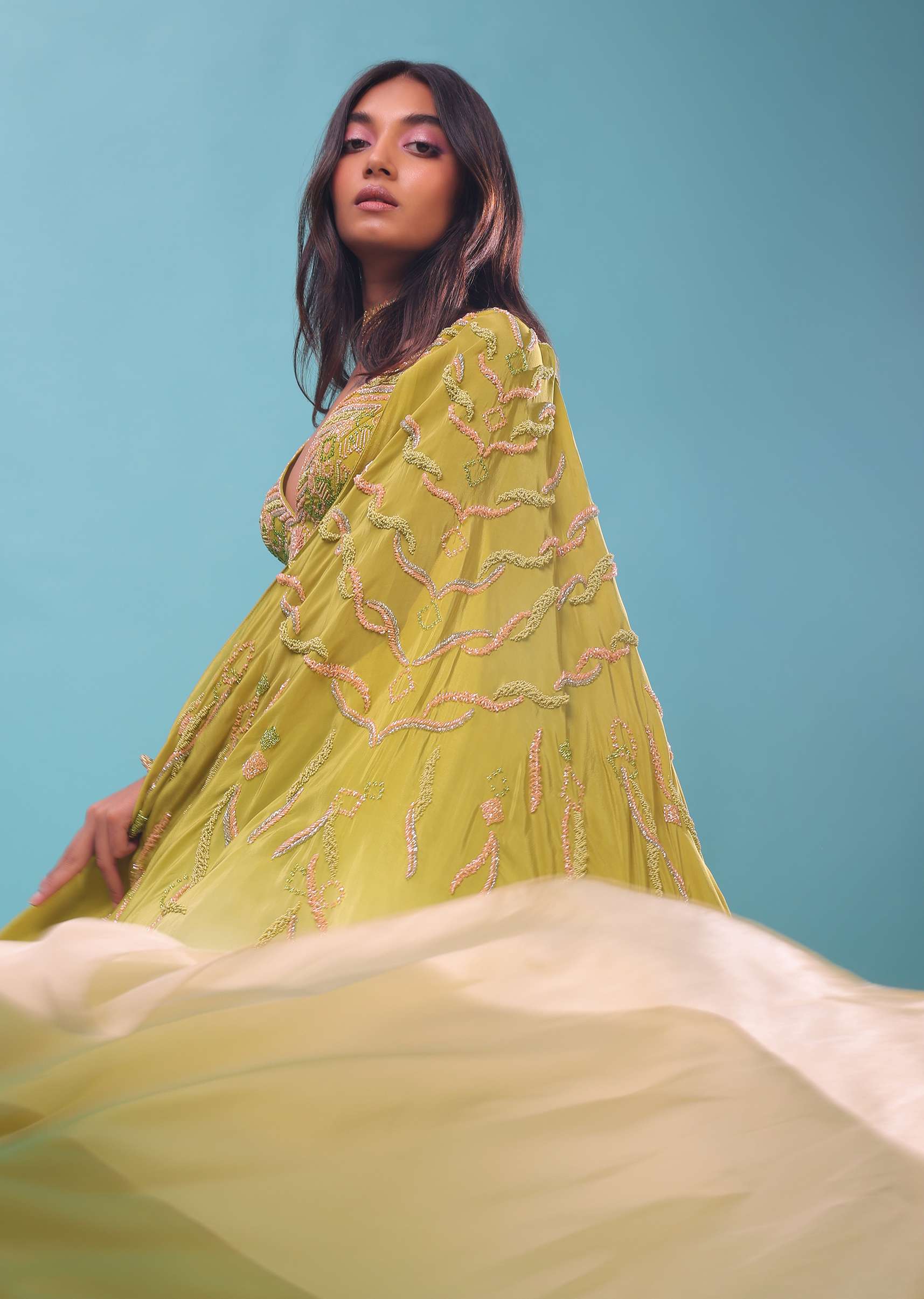 Citrus Mermaid Dhoti Skirt With A Crop Top In Long Cape Embroidered Sleeves, Plunging V Neckline In Embroidery