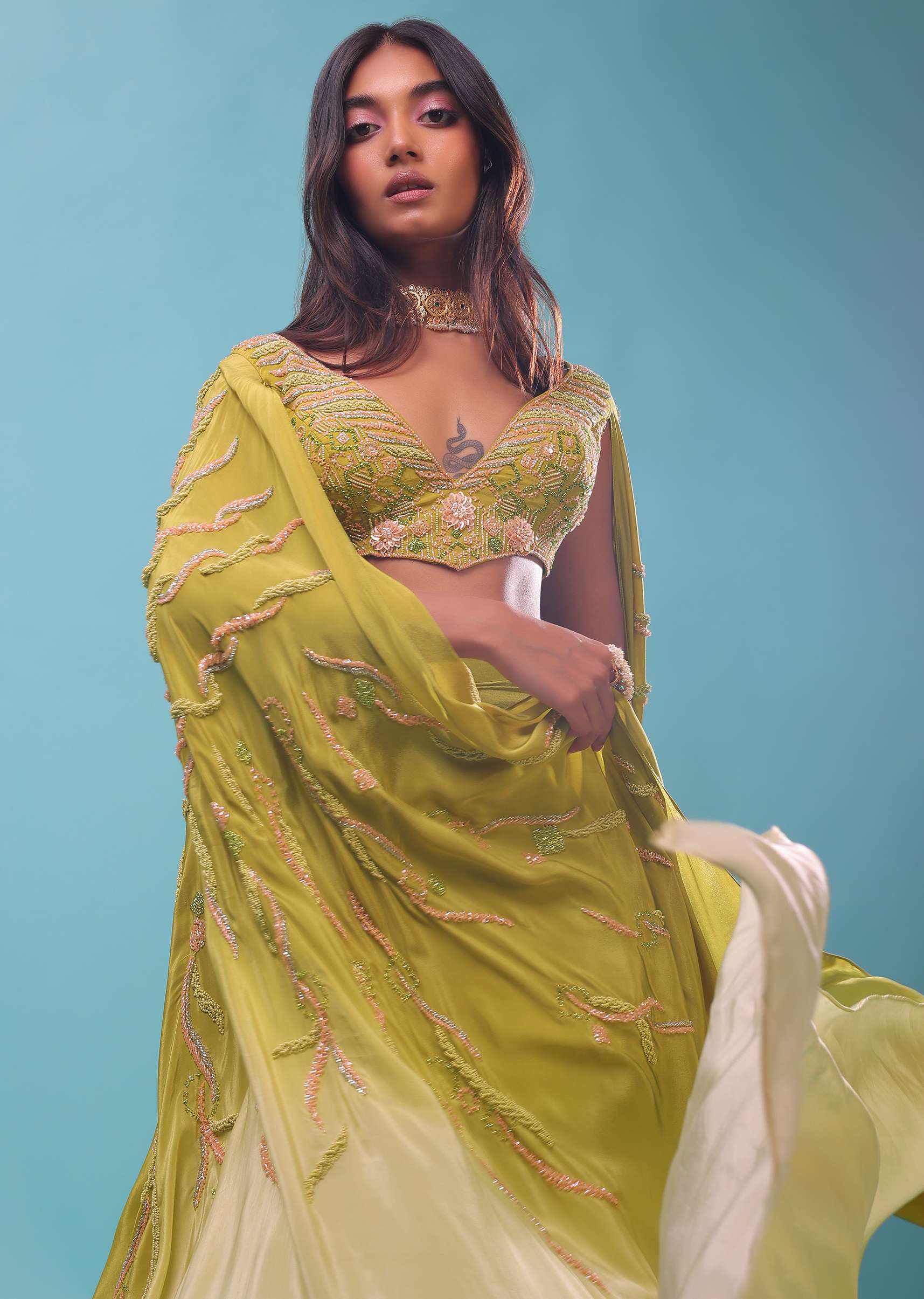 Citrus Mermaid Dhoti Skirt With A Crop Top In Long Cape Embroidered Sleeves, Plunging V Neckline In Embroidery