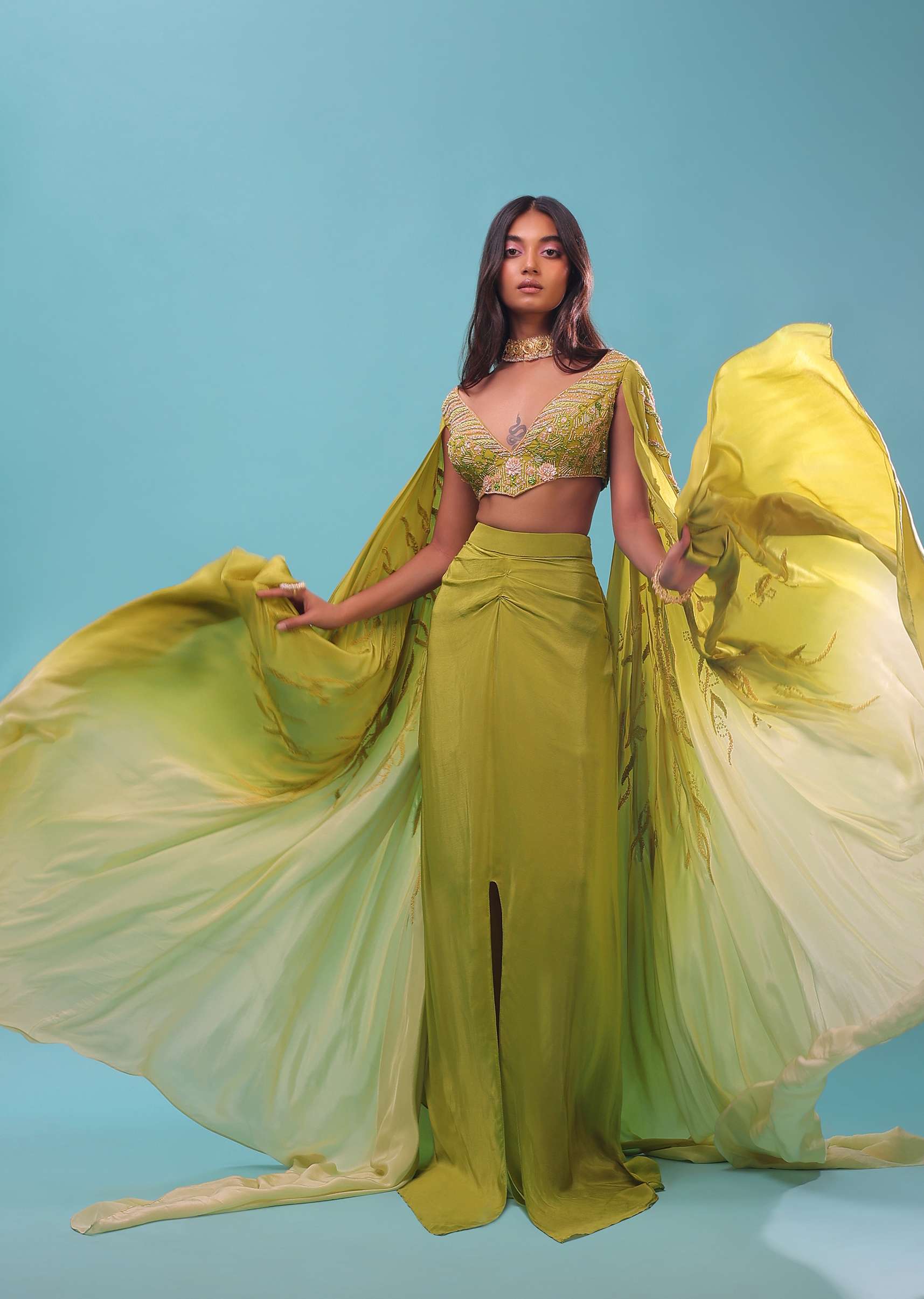 Citrus Mermaid Dhoti Skirt With A Crop Top In Long Cape Embroidered Sleeves, Plunging V Neckline In Embroidery