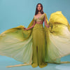 Citrus Mermaid Dhoti Skirt With A Crop Top In Long Cape Embroidered Sleeves, Plunging V Neckline In Embroidery