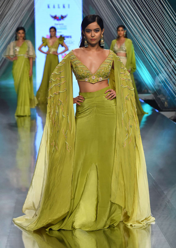 Citrus Mermaid Dhoti Skirt With A Crop Top In Long Cape Embroidered Sleeves, Plunging V Neckline In Embroidery