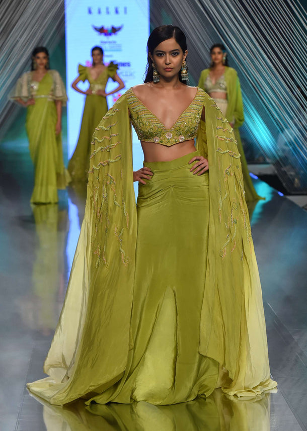 Citrus Mermaid Dhoti Skirt With A Crop Top In Long Cape Embroidered Sleeves, Plunging V Neckline In Embroidery