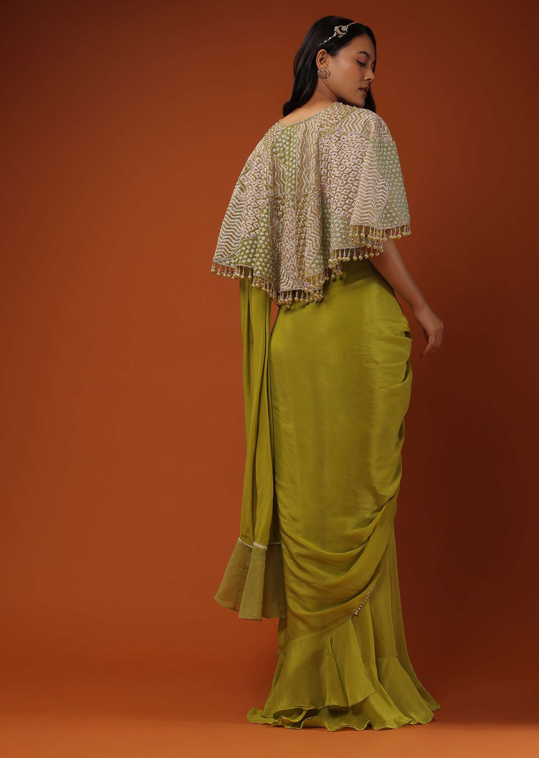 Citrus Green Ready Pleated Crepe Saree with Net Cape and V-Neck Crop Top with Hemline Cut Out