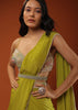 Citrus Green Ready Pleated Crepe Saree with Net Cape and V-Neck Crop Top with Hemline Cut Out