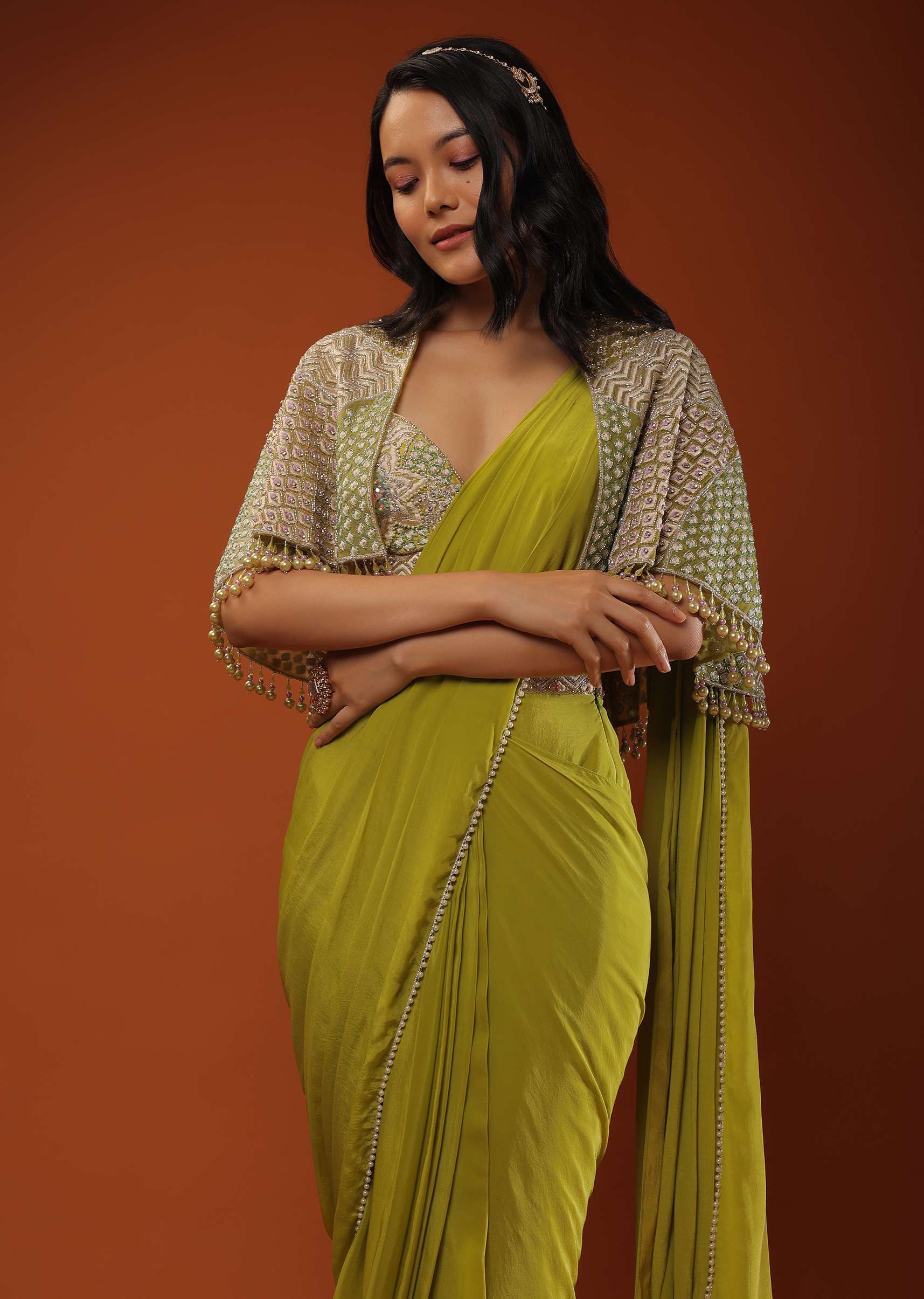 Citrus Green Ready Pleated Crepe Saree with Net Cape and V-Neck Crop Top with Hemline Cut Out