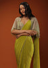 Citrus Green Ready Pleated Crepe Saree with Net Cape and V-Neck Crop Top with Hemline Cut Out