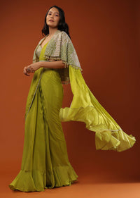 Citrus Green Ready Pleated Crepe Saree with Net Cape and V-Neck Crop Top with Hemline Cut Out