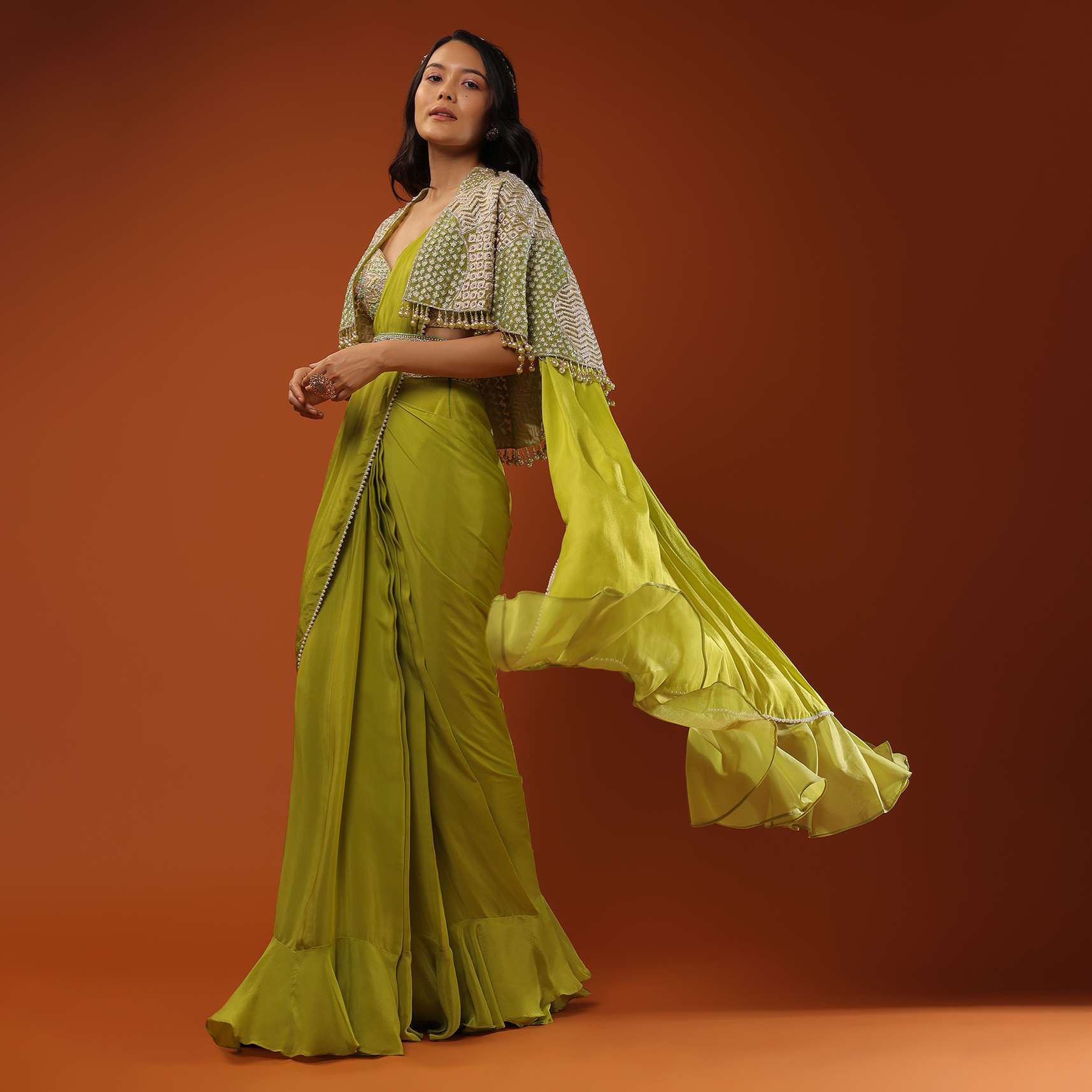 Citrus Green Ready Pleated Crepe Saree with Net Cape and V-Neck Crop Top with Hemline Cut Out